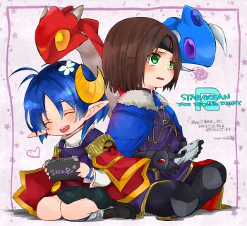 Rule 34 | 1boy, 1girl, ashton anchors, blue hair, brown hair, cape, closed eyes, commentary request, controller, crescent, crescent hair ornament, dated, dragon, flower, full body, game controller, gloves, green eyes, hair ornament, headband, highres, holding, holding controller, holding game controller, mayashtale, nintendo switch, open mouth, pointy ears, rena lanford, short hair, skirt, smile, star (symbol), star ocean, star ocean: the second story, star symbol background