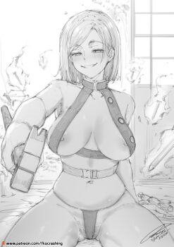 1girl absurdres areola_slip belt belt_buckle blush breasts breasts_apart buckle collarbone commentary dated fkscrashing g-string gluteal_fold grey_scales grin groin hammer highres holding holding_hammer jujutsu_kaisen kugisaki_nobara large_breasts looking_at_viewer monochrome navel nipple_slip nipples paid_reward_available patreon_logo patreon_username pubic_hair pubic_hair_peek revealing_clothes short_hair signature sitting smile smug solo thong watermark web_address