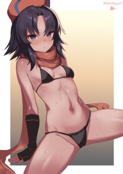 Rule 34 | 1girl, absurdres, bikini, black bikini, black eyes, black gloves, black hair, breasts, chikakei (tsuki no chika keikoku), commentary request, commission, fingerless gloves, gloves, gradient background, hat, highres, navel, orange hat, orange scarf, pixiv commission, rera, samurai spirits, scarf, short hair, signature, sitting, small breasts, solo, spread legs, swimsuit