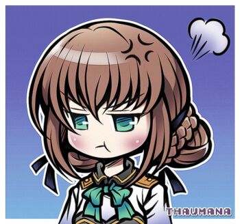 1girl anger_vein angry aqua_bow blue_background blush border bow braid brown_hair commentary deformed duvalie eiyuu_densetsu english_commentary falcom gradient_background hair_between_eyes medium_hair outside_border pout puff_of_air sen_no_kiseki sen_no_kiseki_(series) sen_no_kiseki_i sen_no_kiseki_iv simple_background solo thaumana upper_body v-shaped_eyebrows white_border