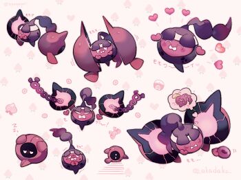 ... ^_^ akadako angry artist_name berry_(pokemon) blank_eyes closed_eyes commentary_request food frown heart lying malignant_chain_(pokemon) mochi multiple_views nintendo no_humans on_side patterned_background pecha_berry pecharunt pokemon pokemon_(creature) sad speech_bubble tears thought_bubble translation_request twitter_username white_background white_eyes zzz