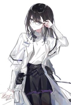 1girl arknights black_eyes black_hair black_pantyhose black_skirt coat glasses highres long_hair long_sleeves looking_to_the_side motoharu_(motoharuuuu) open_clothes open_coat pantyhose priestess_(arknights) simple_background sitting skirt smile solo sweater turtleneck turtleneck_sweater white_background white_coat white_sweater