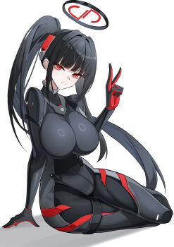 Rule 34 | 1girl, absurdres, black hair, blue archive, bodysuit, breasts, commentary request, dai mao xuan yi, halo, headgear, highres, large breasts, long hair, looking at viewer, ponytail, red eyes, ringed eyes, rio (armed) (blue archive), rio (blue archive), simple background, sitting, solo, v, white background, yokozuwari