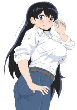 Rule 34 | 1girl, absurdres, arato nagi, artist name, ass, black hair, blue eyes, blue pants, breasts, closed mouth, commentary request, denim, earrings, gloves, hand on own hip, highres, jeans, jewelry, kumasyan1998, large breasts, long hair, looking at viewer, looking back, pants, ruri no houseki, shirt, smile, solo, sparkle, stud earrings, white shirt