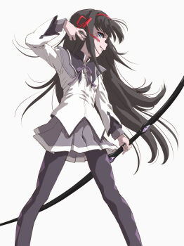 1girl akemi_homura akemi_homura_(magical_girl) argyle_clothes argyle_pantyhose black_hair black_pantyhose bow_(weapon) commentary_request hair_ribbon highres holding holding_bow_(weapon) holding_weapon long_hair looking_at_viewer mahou_shoujo_madoka_magica mahou_shoujo_madoka_magica_(anime) marutaya pantyhose parted_lips purple_skirt red_ribbon ribbon sideways_glance simple_background skirt solo weapon white_background