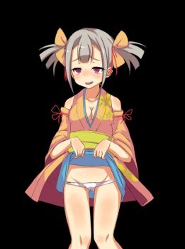 1girl anime_coloring black_background blue_skirt blush bow breasts cleavage clothes_lift collarbone come_hither cowboy_shot detached_sleeves game_cg grey_hair hair_between_eyes hair_bow japanese_clothes kimono large_variant_set lifting_own_clothes medium_breasts miniskirt mizuha_(toraware_no_kami-sama) no_pants obi open_mouth panties pencil_skirt pigeon-toed raised_inner_eyebrows red_eyes sash seductive_smile short_hair short_kimono shoulder_blush simple_background skirt skirt_lift sleeveless sleeveless_kimono smile solo standing tachi-e tachinori_buranko thighs toraware_no_kami-sama_to_tabi_no_shoujo twintails underwear variant_set white_panties wide_sleeves yellow_bow yellow_kimono yellow_sash
