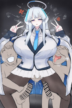 1girl 2boys age_difference angry bar_censor blue_archive breasts censored clothed_female_nude_male double_v erection female_ejaculation grabbing_another&#039;s_breast grabbing_from_behind groping highres huge_breasts juice large_penis leg_grab multiple_boys noa_(blue_archive) nude penis pussy_juice shota size_difference testicles v vaginal