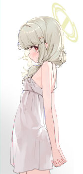 1girl absurdres aoba_(blue_archive) arms_behind_back blonde_hair blue_archive blurry blush camisole cowboy_shot dan_nako depth_of_field from_side hair_ornament hairclip halo highres looking_at_viewer low_twintails own_hands_together profile red_eyes see-through_silhouette shy sideways_glance simple_background solo twintails white_background white_camisole yellow_halo