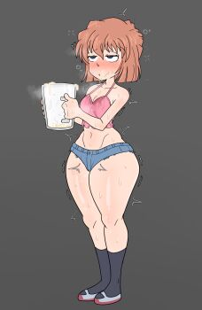 1girl :t athamaluta bare_hips bare_shoulders black_socks blue_eyes blue_shorts blush breasts brown_hair camisole closed_mouth collarbone cum cum_in_container cum_in_mouth cum_on_body cum_on_breasts cum_on_upper_body denim denim_shorts facial female_focus full_body gokkun grey_background grey_shoes haibara_ai half-closed_eyes highres holding holding_jar implied_hetero jar kyojiri_loli loli medium_hair midriff mirai_shounen_conan pink_camisole shoes shorts simple_background small_breasts socks solo standing stray_pubic_hair variant_set wide_hips