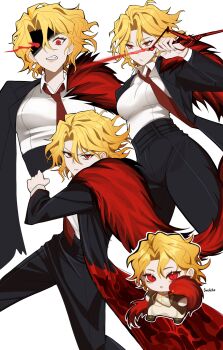 Rule 34 | 1girl, absurdres, black coat, blonde hair, breasts, chibi, coat, collared shirt, don quixote (project moon), feathers, highres, holding, holding weapon, jacket, lance, lilsumashhh, limbus company, long sleeves, necktie, pants, parted bangs, polearm, project moon, red eyes, red feathers, red fur, red necktie, sancho (project moon), shirt, short hair, simple background, weapon, white background, white shirt