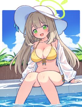 1girl :d arms_at_sides bare_legs bare_shoulders bikini blonde_hair blue_archive blue_sky blush border breasts cleavage cloud cloudy_sky commentary day dot_nose green_eyes halo hands_on_ground happy hat jacket large_breasts long_hair long_sleeves navel nonomi_(blue_archive) onyhakase open_mouth outdoors outside_border pool poolside see-through_clothes see-through_jacket side-tie_bikini_bottom sitting sky smile solo straight_hair swimsuit water white_border white_hat white_jacket yellow_bikini