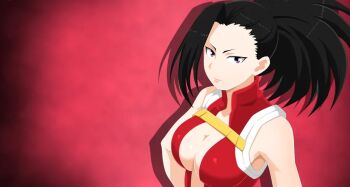 1girl artist_request bare_shoulders black_eyes black_hair boku_no_hero_academia breasts center_opening cleavage closed_mouth female_focus large_breasts leotard looking_at_viewer matching_hair/eyes ponytail red_leotard smile solo superhero_costume yaoyorozu_momo