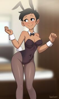 1girl alternate_breast_size_(larger) animal_ears black_bow black_bowtie black_hair black_leotard blurry blurry_background bow bowtie breasts brown_eyes commentary covered_navel cubedcoconut dc_comics detached_collar earrings english_commentary fake_animal_ears feet_out_of_frame highres jewelry large_breasts leaning_forward leotard lois_lane my_adventures_with_superman playboy_bunny rabbit_ears rabbit_tail short_hair smile solo strapless strapless_leotard stud_earrings superman_(series) tail thigh_gap wrist_cuffs