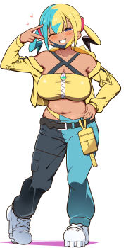 1girl bandeau breasts canari_(pokemon) criss-cross_straps dark-skinned_female dark_skin highres jacket large_breasts mega_stone multicolored_hair nintendo pants pokemon pokemon_legends:_z-a richou_(zerozero1101) short_twintails split-color_hair sports_bra twintails two-tone_mask two-tone_pants yellow_bandeau yellow_jacket yellow_mask yellow_sports_bra