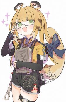 1girl :d animal_ear_fluff animal_ears bespectacled black_gloves black_shorts blonde_hair blue_bow blunt_bangs blush book bow commentary cowboy_shot elbow_gloves fang fingerless_gloves glasses gloves green_eyes grey-framed_eyewear hand_up highres holding holding_book inaririn jacket ju_fufu long_hair looking_at_viewer open_mouth short-sleeved_jacket short_sleeves shorts sidelocks simple_background smile solo sparkle tail tail_bow tail_ornament thigh_strap tiger_ears tiger_girl tiger_tail v-shaped_eyebrows white_background yellow_jacket zenless_zone_zero