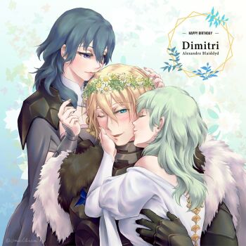 Rule 34 | 1boy, 2girls, armor, black armor, black fur, blonde hair, blue eyes, blue hair, blush, breasts, cape, character name, clone harem, commentary, comustdream, cosplay, dimitri alexandre blaiddyd, dimitri alexandre blaiddyd (timeskip), dress, dual persona, english commentary, female byleth (awakened) (fire emblem), female byleth (fire emblem), fire emblem, fire emblem: three houses, fur-trimmed cape, fur trim, gauntlets, girl sandwich, green hair, hair between eyes, hand on another's cheek, hand on another's face, happy birthday, head wreath, hetero, highres, kiss, kissing cheek, long sleeves, multiple girls, nintendo, no eyepatch, official alternate hair color, one eye closed, puffy long sleeves, puffy sleeves, rhea (fire emblem), rhea (fire emblem) (cosplay), sandwiched, white dress, white fur