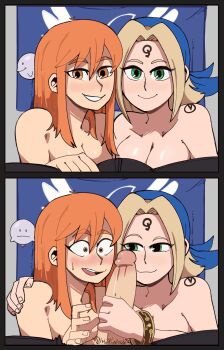 1boy 2girls absurdres aika_(eternal_arcadia) blush breasts cleavage cupil eternal_arcadia ffm_threesome fina_(eternal_arcadia) group_sex highres long_hair medium_breasts multiple_girls orange_hair penis_grab ragingbarbarians sega size_difference smile threesome vyse