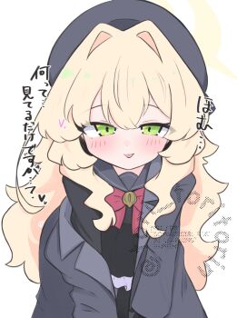 1girl :p beret black_gloves black_pantyhose black_serafuku black_shirt black_skirt blonde_hair blue_archive blush bow closed_mouth commentary_request frilled_skirt frills gloves grey_hat grey_jacket grey_sailor_collar hair_between_eyes hair_intakes halo hat heart highres jacket kujou_karasuma leaning_forward long_hair looking_at_viewer off_shoulder open_clothes open_jacket pantyhose professor_niyaniya_(blue_archive) red_bow sailor_collar school_uniform serafuku shirt simple_background skirt smile solo tongue tongue_out translation_request very_long_hair watermark white_background