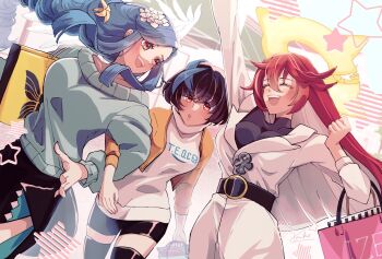 3girls :o ankh bag belt black_hair black_jumpsuit blue_hair blue_streaks braid braided_ponytail breasts broken_halo carrying commentary_request dizzy_(guilty_gear) family flower guilty_gear guilty_gear_strive hair_between_eyes hair_flower hair_ornament halo highres holding_another's_arm jack-o'_valentine jacket jumpsuit kanea_(nikoinoillust) large_breasts long_hair mother_and_daughter multicolored_hair multiple_girls open_mouth orange_jacket queen_dizzy red_hair shopping shopping_bag short_hair sidelocks smile spiked_halo star_(symbol) streaked_hair sweater swept_bangs tail two-tone_hair unika_(guilty_gear) white_hair