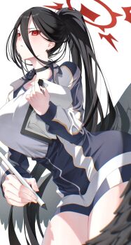 1girl absurdres black_choker black_hair black_wings blue_archive blue_jacket blush breasts choker clipboard commentary gym_shirt hair_between_eyes halo hasumi_(blue_archive) hasumi_(track)_(blue_archive) highres holding holding_clipboard holding_pen huge_breasts jacket long_hair long_hair_between_eyes low_wings marbo_(saico556) open_clothes open_jacket partially_unzipped pen ponytail red_eyes red_halo shirt solo undersized_clothes very_long_hair white_jacket wings