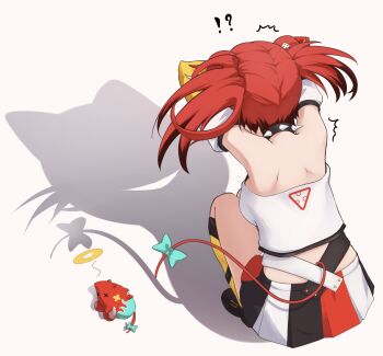 !? 1girl animal_ears black_hair black_skirt blue_bow bow cat_shadow_puppet_(meme) dice_hair_ornament hair_ornament hakos_baelz hakos_baelz_(1st_costume) highres hololive hololive_english ilie_ilie medium_hair meme mouse_ears mouse_girl mouse_tail mr._squeaks_(hakos_baelz) multicolored_hair red_hair red_skirt shirt skirt solo streaked_hair tail tail_bow tail_ornament twintails virtual_youtuber white_shirt white_skirt