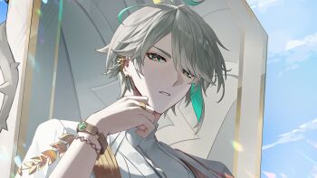 0jae 1boy absurdres alhaitham_(genshin_impact) antenna_hair blue_sky bracelet cape cloud commentary_request day ear_piercing earrings genshin_impact gold_bracelet gold_earrings gold_ring gold_trim greco-roman_clothes green_eyes green_hair grey_hair hand_up highres hoyofair jewelry korean_commentary light_particles looking_at_viewer male_focus multicolored_hair official_art outdoors parted_bangs parted_lips piercing plant ring shirt short_hair sky solo swept_bangs thorns throne upper_body vines white_cape white_shirt