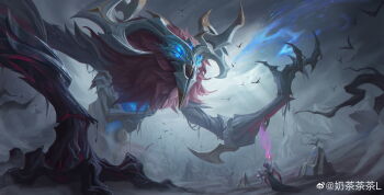 1girl 1other absurdres arm_up artist_name bird branch cloud cloudy_sky coven_morgana extra_eyes fog forest glowing glowing_eyes highres ivern league_of_legends morgana_(league_of_legends) multiple_wings naichacha nature night official_alternate_costume official_alternate_hairstyle old_god_ivern outdoors rock signature sky standing summoning tree wings