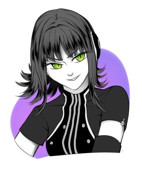 Rule 34 | 1girl, blunt bangs, breasts, commentary, english commentary, green eyes, greyscale, headphones, hoshi soul, katori squad's uniform, katori youko, looking to the side, medium hair, monochrome, purple background, solo, spot color, transparent background, turtleneck, upper body, world trigger