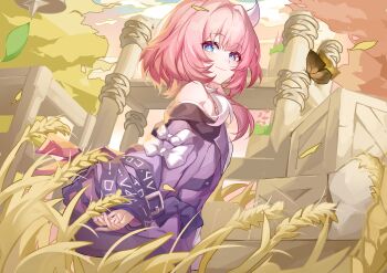 Rule 34 | 1girl, absurdres, blue eyes, breasts, chinese commentary, coat, commentary request, cyrene (aedes elysiae) (honkai: star rail), cyrene (honkai: star rail), evzeva, gradient sky, hair ornament, highres, honkai: star rail, honkai (series), looking at viewer, multicolored hair, outdoors, pink hair, purple coat, short hair, sky, small breasts, smile, solo, teeth, two-tone hair, wheat, wheat field, white hair