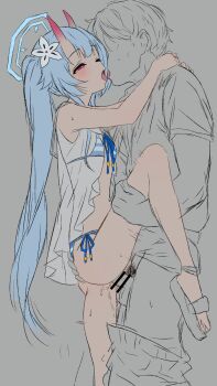 1boy 1girl amiamzk827 bikini blue_archive blue_bikini blue_hair blue_halo camisole chise_(blue_archive) chise_(swimsuit)_(blue_archive) clothed_sex clothes_pull flat_chest flower french_kiss grabbing_another&#039;s_leg hair_flower hair_ornament halo hand_on_another&#039;s_ass hands_on_another&#039;s_shoulders hetero highres holding_another&#039;s_leg horns kiss leg_up long_hair male_pubic_hair one_eye_closed open_mouth pants pants_pull penis pubic_hair red_eyes sandals see-through_camisole see-through_clothes sex short_sleeves side-tie_bikini_bottom skin-covered_horns standing standing_sex striped_bikini striped_clothes sweat swimsuit testicles tongue tongue_out vaginal white_flower