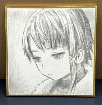 1girl close-up commentary_request expressionless graphite_(medium) iwakura_lain jacket looking_down monochrome murata_range photo_(medium) serial_experiments_lain shikishi single_sidelock solo traditional_media