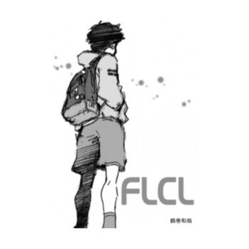 Rule 34 | 00s, 1boy, artist name, backpack, bag, copyright name, facing away, flcl, from behind, greyscale, hood, hoodie, male focus, monochrome, nandaba naota, shadow, shorts, socks, solo, text focus, tsurumaki kazuya, white background