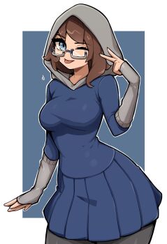 1girl blue_background blue_dress blue_eyes border breasts brown_hair commentary commission cowboy_shot dress english_commentary glasses grey_hood hand_up highres hood hood_up large_breasts long_sleeves looking_at_viewer one_eye_closed oninuer original outside_border short_hair smile solo swept_bangs tongue tongue_out v white_border
