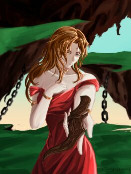 1girl absurdres adventoftwilight bangle bracelet brown_hair chain commentary cowboy_shot dagger dress english_commentary floating_island green_eyes hand_on_own_chest head_tilt highres holding holding_dagger holding_knife holding_weapon incoming_gift jewelry knife looking_at_viewer outdoors red_dress shadow_slave sidelighting smile smirk solo solvane_(shadow_slave) weapon