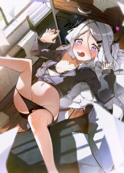 1girl absurdres ahoge ayu_(user_xkhp7843) black_bra black_panties blue_archive blush bra breasts demon_girl demon_horns feet halo highres hina_(blue_archive) horns indoors legs long_hair lying navel open_mouth panties purple_eyes small_breasts solo underwear very_long_hair white_hair