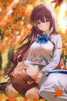 1boy 1girl a-chan_(little_busters!) absurdres autumn autumn_leaves backlighting blue_bow blue_bowtie blue_eyes blue_necktie blurry bow bowtie breasts brown_eyes brown_hair collared_shirt commentary_request couple depth_of_field dress_shirt eyelashes eyeliner eyes_visible_through_hair film_grain fingernails floating_hair full_body grey_skirt hair_between_eyes headpat heavy_film_grain hetero highres lap_pillow large_breasts leaf little_busters! little_busters!_school_uniform long_hair long_sleeves looking_at_another makeup miiizuno_lbs natsume_kyousuke necktie outdoors parted_lips plaid_clothes plaid_skirt profile school_uniform shirt short_hair sitting skirt sunlight tsurime upper_body very_long_hair wariza white_shirt wind