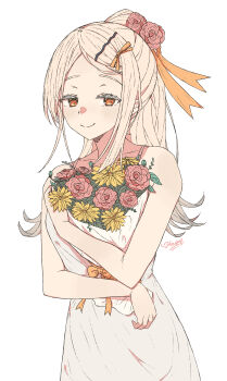 Rule 34 | 1girl, absurdres, bare shoulders, blonde hair, bouquet, closed mouth, collarbone, colored eyelashes, commentary, dated, dress, flipped hair, flower, gakuen idolmaster, haekel, hair flower, hair ornament, hair ribbon, hairclip, highres, holding, holding bouquet, idolmaster, light blush, long hair, looking at viewer, orange eyes, orange ribbon, parted bangs, red flower, ribbon, shinosawa hiro, signature, simple background, smile, solo, upper body, white background, white dress, yellow flower