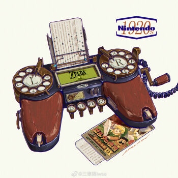 artist_name cable chromatic_aberration crank dated english_text handheld_game_console highres iwse_zhang key link logo marin_(zelda) nintendo no_humans owl_(link&#039;s_awakening) punch_card signature simple_background still_life tarin the_legend_of_zelda the_legend_of_zelda:_link&#039;s_awakening white_background