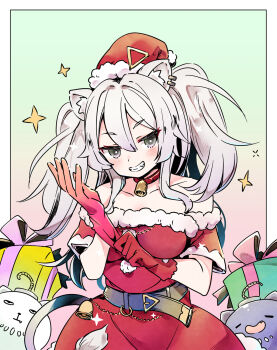 1girl adjusting_clothes adjusting_gloves ahoge animal_ear_piercing animal_ears bare_shoulders bell belt black_belt blush box breasts chain choker commentary_request cowboy_shot double-parted_bangs dress fur-trimmed_dress fur_trim gift gift_box glove_pull gloves gold_chain grey_eyes grey_hair grin hair_between_eyes hat highres hololive hololive_christmas_outfit large_breasts lion_ears lion_girl lion_tail long_hair long_sidelocks looking_at_viewer messy_hair neck_bell off-shoulder_dress off_shoulder official_alternate_costume outside_border red_choker red_dress red_hat santa_costume santa_dress santa_hat shishiro_botan sidelocks smile solo ssrb_(shishiro_botan) tail tomoe_takenari two_side_up v-shaped_eyebrows virtual_youtuber