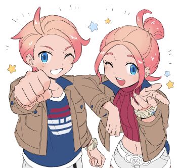 0ming_p 1boy 1girl :d absurdres blonde_hair blue_eyes blue_shirt clenched_hands commentary_request crop_top gradient_hair grin highres korean_commentary mega_ring multicolored_hair nintendo one_eye_closed open_mouth pink_hair pokemon pokemon_legends:_z-a red_shirt ribbed_shirt shirt shorts simple_background smile star_(symbol) taunie_(pokemon) turtleneck urbain_(pokemon) white_background white_shorts