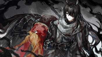 1boy 1girl animal_ears black_dress black_eyes black_hair blood blood_in_hair blood_on_clothes braid centaur dress family_hierarch_candidate_(identity)_(project_moon) gauntlets gold_trim grey_scarf hand_up heishou_pack-wu_branch_(identity)_(project_moon) highres horse_ears ishmael_(project_moon) limbus_company long_hair looking_to_the_side nishikujic orange_hair project_moon red_shrug ribbed_dress scarf shrug_(clothing) smoke taur very_long_hair yi_sang_(project_moon)