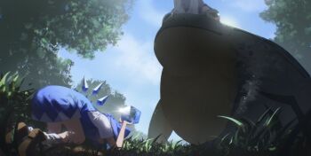 2girls animal apologizing blue_bow blue_dress blue_hair blue_sky bow bowing brown_shoes cirno cloud commentary_request dogeza dress fairy frog frozen_frog highres ice ice_wings kinoko_(kino2435006) moriya_suwako multiple_girls outdoors oversized_animal shoes sky socks touhou tree white_socks wings