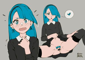 1boy artist_logo artist_name artist_self-insert artist_self-reference asymmetrical_bangs bar_censor black_hairband black_nails black_shirt blue_eyes blue_hair blush bottomless censored clothes_lift collared_shirt earrings embarrassed flat_chest grey_background groin hair_over_one_eye hairband highres jewelry khindzadza khindzadza_(character) logo long_hair looking_at_viewer nail_polish navel open_mouth pale_skin penis presenting ribbon ribbon_on_penis shirt simple_background skirt skirt_lift smile spread_legs stomach surprised thighhighs trap