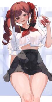 1girl akane_lize alternate_hairstyle bag black_sailor_collar black_skirt blood blood_bag bow commentary crop_top crop_top_overhang cropped_shirt drill_hair feet_out_of_frame grey_eyes hair_bow hand_up haro_(1026_86) highres holding holding_bag long_hair looking_at_viewer miniskirt mole mole_under_eye multicolored_hair neckerchief open_mouth parted_bangs pleated_skirt red_bow red_hair red_neckerchief sailor_collar school_uniform serafuku shirt skirt sleeves_rolled_up smile solo stellive streaked_hair sweat symbol-only_commentary twin_drills twintails virtual_youtuber white_shirt