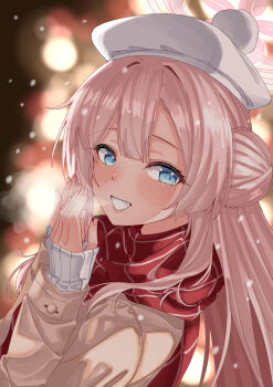 Rule 34 | 1girl, absurdres, alternate costume, blue archive, blue eyes, blurry, bokeh, braid, braided bun, breath, bun with braided base, commentary, depth of field, fingernails, grin, hair bun, halo, hand to own mouth, hat, highres, jacket, long hair, long sleeves, looking at viewer, mimori (blue archive), pink hair, pink halo, red scarf, rynn (darknescorez), scarf, single side bun, sleeves past wrists, smile, snowing, solo, sweater, white hat, white sweater, winter clothes, yellow jacket