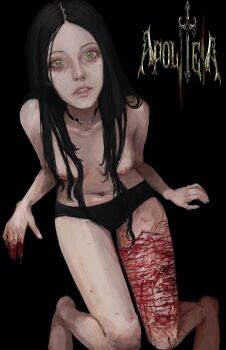 1girl alice:_madness_returns alice_liddell_(american_mcgee&#039;s_alice) american_mcgee&#039;s_alice asymmetrical_clothes black_hair bleeding blood blood_on_hands breasts choker from_above green_eyes gw4ll1 hair_over_shoulder highres knees_together_feet_apart long_hair looking_at_viewer nipple_piercing no_pants no_shirt nude panties parted_lips piercing pigeon-toed self-harm sidelocks sitting solo sparkling_eyes thigh_cutting underwear variant_set very_long_hair wide-eyed