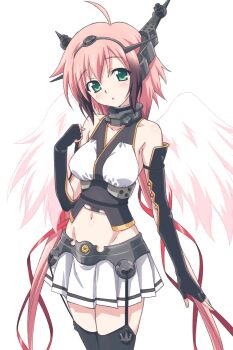1girl :o ahoge angel black_garter_belt black_gloves black_hairband black_shirt black_thighhighs blush breasts collar collarbone commentary_request cosplay cropped_shirt elbow_gloves feathered_wings fingerless_gloves garter_belt gloves green_eyes hair_ribbon hairband hand_up highres ikaros kantai_collection long_hair looking_at_viewer medium_breasts metal_collar miniskirt nagato_(kancolle) nagato_(kancolle)_(cosplay) navel official_artist_extra pink_hair pleated_skirt red_ribbon ribbon shirt skirt sleeveless sleeveless_shirt solo sora_no_otoshimono standing thighhighs twintails two-tone_shirt very_long_hair watanabe_yoshihiro white_shirt white_skirt white_wings wings