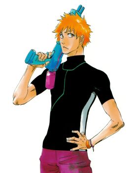 1boy 2015 bleach brown_eyes closed_mouth hand_on_own_hip holding holding_water_gun holding_weapon kubo_tite kurosaki_ichigo male_focus official_art orange_hair second-party_source shirt short_hair simple_background solo solo_focus spiked_hair standing upper_body water_gun weapon white_background