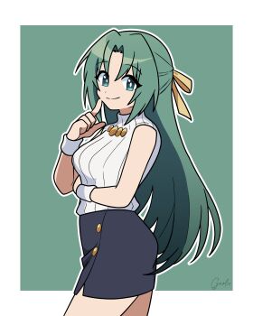 Rule 34 | 1girl, absurdres, blue skirt, breasts, finger to face, garloo, green background, green eyes, green hair, hair ribbon, highres, higurashi no naku koro ni, inktober, long hair, looking at viewer, ribbon, signature, skirt, sleeveless, sleeveless turtleneck, smile, solo, sonozaki shion, turtleneck, two-tone background, white background, yellow ribbon