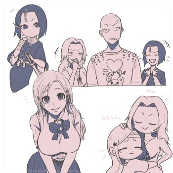 2boys 2girls ayasegawa_yumichika bald_male bleach blouse breasts broken_arm closed_eyes cup happy hug ikuno_taso inoue_orihime japanese_text karakura_high_school_uniform large_breasts long_hair madarame_ikkaku matsumoto_rangiku medium_hair multiple_boys multiple_girls ribbon school_uniform shihakusho shirt skirt sword translation_request weapon white_background wide_hips zanpakutou